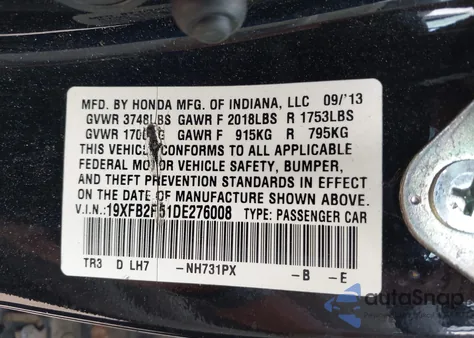 2013 Honda Civic Lx from USA, damaged, VIN 19XFB2F51DE276008
